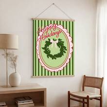 1pc Coquette Pink Bow Christmas Wreath Canvas Wall Art, Happy Holidays Poster Print, Vintage Preppy Green Striped Painting Picture Artwork, Cute Holiday Wall Decor For Girls Bedroom Home Unframed Or Framed/Wooden Hanging - Pattern - View 7