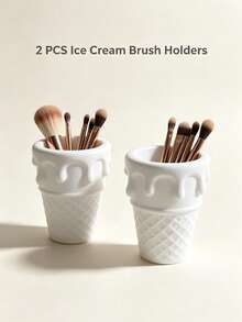2pcs/1pc Novelty Ice‑Cream Waffle Cone Makeup Brush Holder, Resin Vanity Desktop Organizer, Cosmetic Tool Storage Cup, Also Works As Pen Cup For Home Office Dorm Bedroom Table Decor - Multicolor - View 11