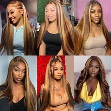 13x6 34Inch Ombre Highlight Straight Lace Front Wig 200% Density #4/27 Piano Color Honey Blonde Brown Wig Blended Hair Wig 13X4 Transparent Lace Frontal Wig For Women Pre Cut Lace Wear And GO Glueless Wig Pre Plucked Balayage 5x5 4x4 Lace Closure Wig - SP4/27 - View 10