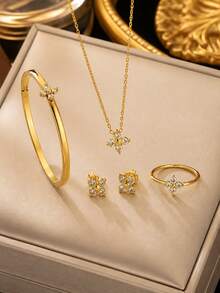 VceTd 1 Set Fashionable Stainless Steel Women's Jewelry Set With Glass Inlaid Four-Leaf Clover Design, Suitable For Daily Wear Or Holiday Gift - Yellow Gold - View 1