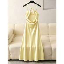 Solid Satin Spaghetti Strap Mermaid Maxi Dress, Elegant Open Shoulder Draped Neck Evening Gown, Minimalist Romantic Summer Party Dress Yellow - Yellow - View 2