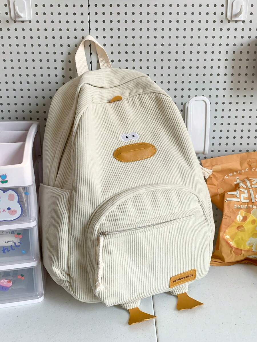 Back To School Season Cartoon Plush Cute Backpack For Girls, Corduroy Large Capacity School Bag - White - View 1