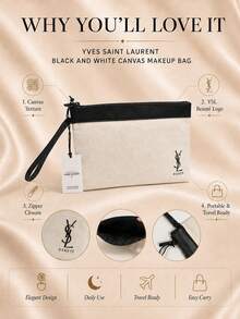 YSL Black And White Canvas Makeup Bag, 23*14.5cm, Sold Individually, Minimalist Contrast Design, Zipper Closure, Portable, Suitable For Daily Storage And Travel - Black and White - View 5