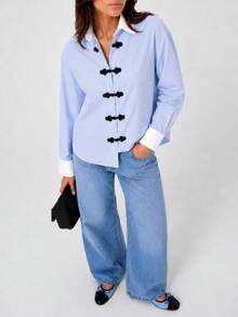 Women's Fashion Casual Frog Button Lapel Long Sleeve Striped Shirt, Striped Front Button-Down, Commute Daily Date - Blue and White Stripes - View 3