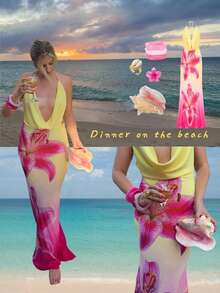 Gradient Lily Flower Print Halter Maxi Dress, Deep V Draped Mesh Bodycon Mermaid Dress Elegant Summer - Multicolor - View 1