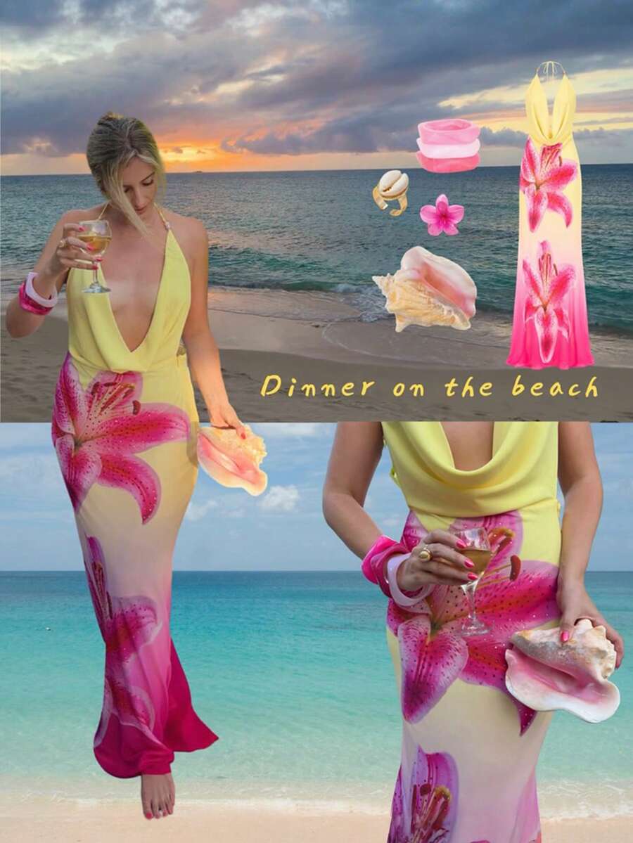 Gradient Lily Flower Print Halter Maxi Dress, Deep V Draped Mesh Bodycon Mermaid Dress Elegant Summer - Multicolor - View 1