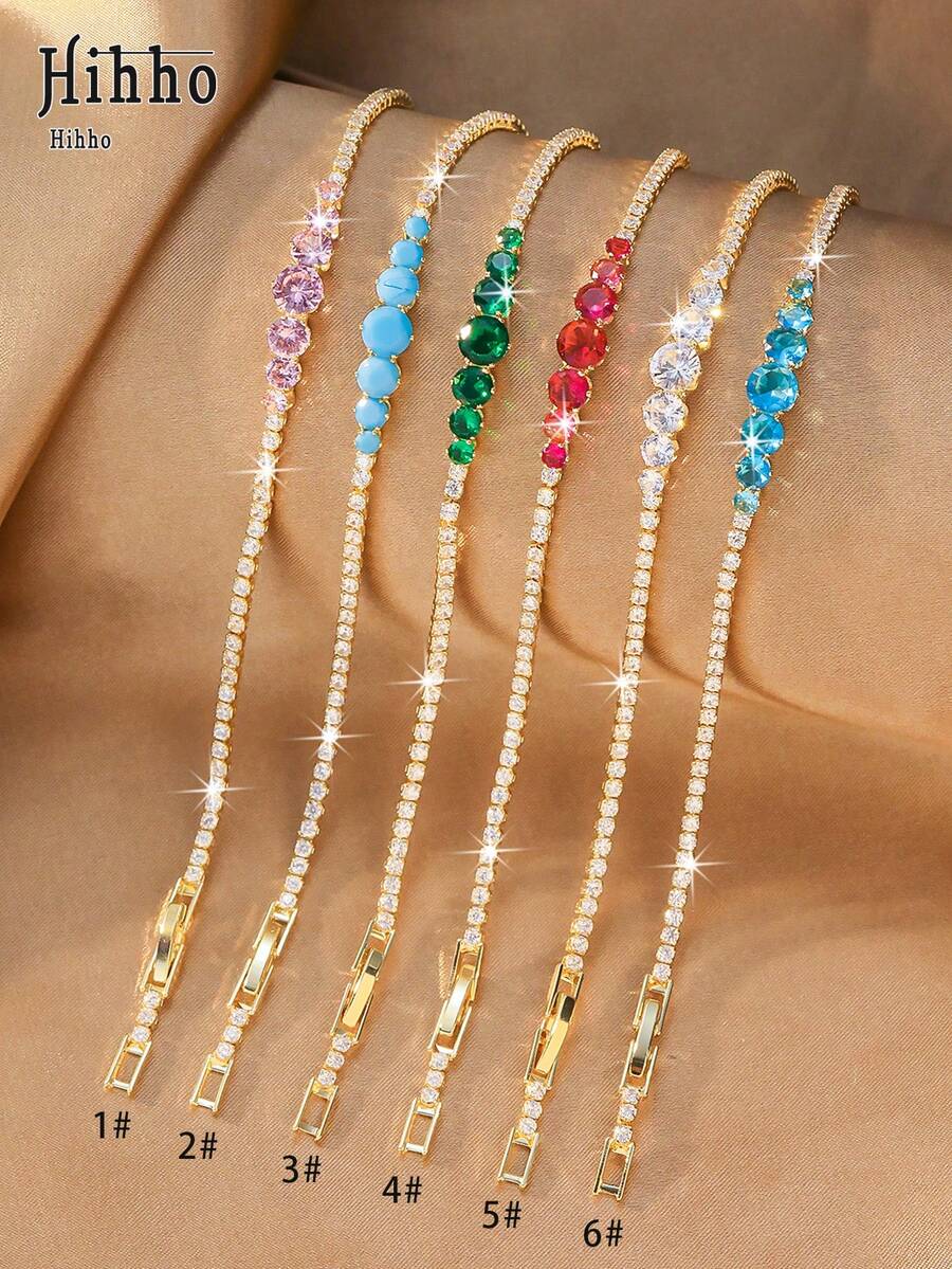 Hihho 1pc Gold-Tone Thin Full Rhinestone Colorful Zirconia Tennis Bracelet, 6 Colors Available, Women's Daily Layering Adjustable Hand Jewelry - Tennis Bracelet - View 1