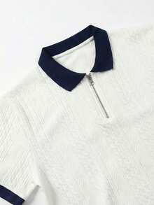 Men's Knitted Zip Polo Shirt, Contrast Navy Blue Collar And Cuffs With Textured Jacquard Pattern, Short Sleeve, Suitable For Summer Daily Casual Wear - White - View 6