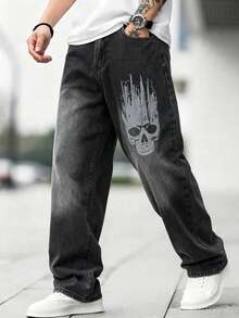 Men's Skull Digital Print Pocket Wide Leg Loose Casual Denim Jeans - Black - View 1