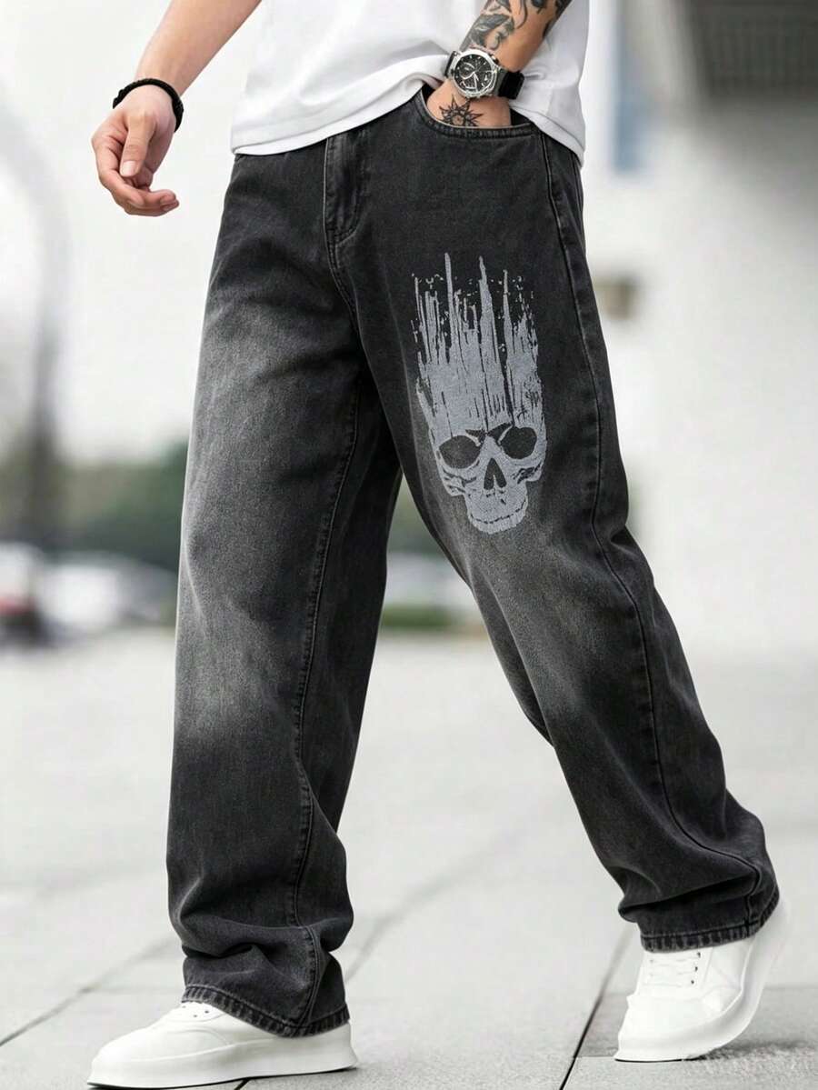 Men's Skull Digital Print Pocket Wide Leg Loose Casual Denim Jeans - Black - View 1