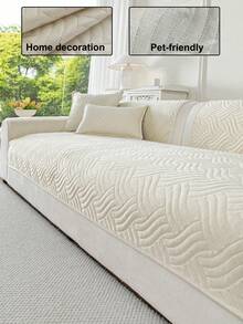 1 buah Sarung Sofa Ultrasonik Warna Polos, Bantalan Sofa Jacquard Bergaris 3D, Hangat & Lembut, Ramah Hewan Peliharaan, Tahan Kotoran & Goresan, Cocok untuk Semua Musim, Dapat Digunakan untuk Sofa 1/2/3/4 Dudukan - Krem - View 1