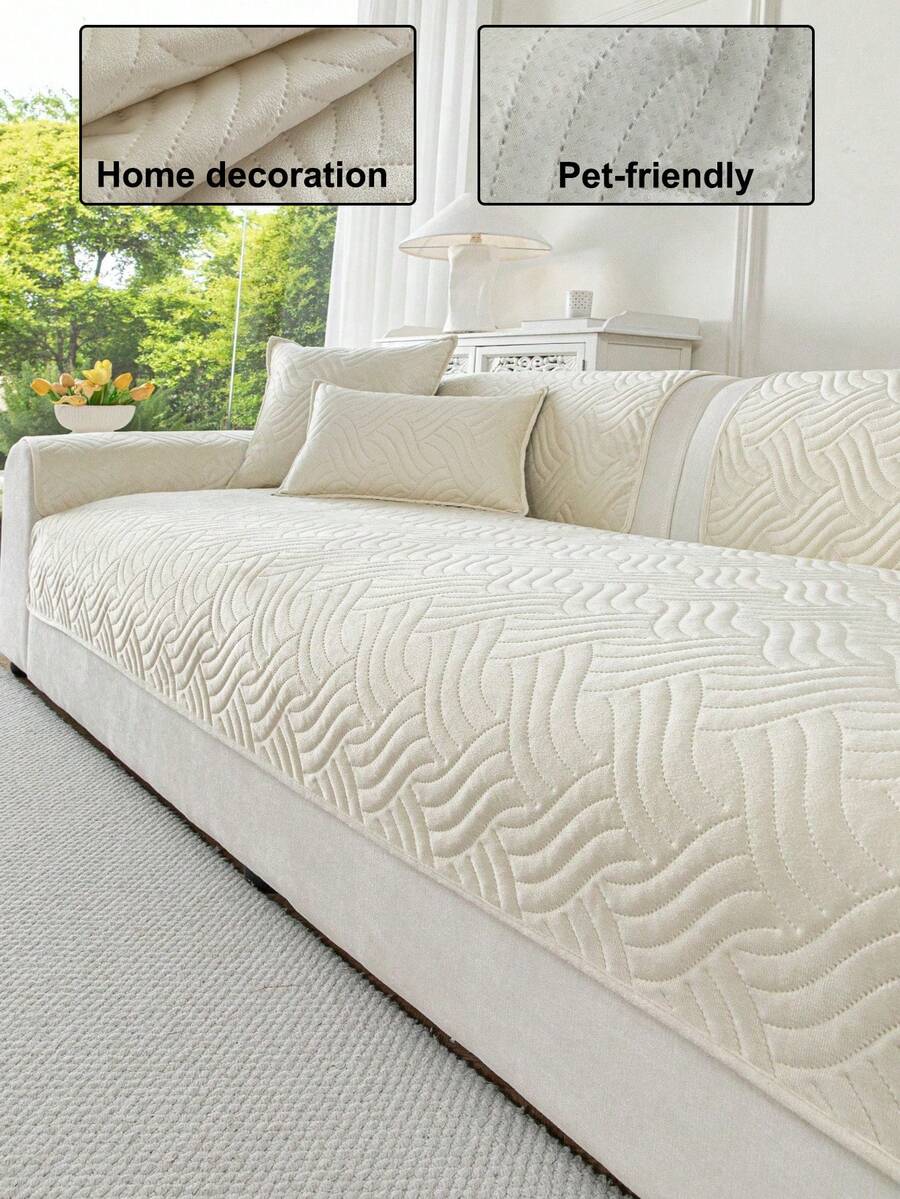 1 buah Sarung Sofa Ultrasonik Warna Polos, Bantalan Sofa Jacquard Bergaris 3D, Hangat & Lembut, Ramah Hewan Peliharaan, Tahan Kotoran & Goresan, Cocok untuk Semua Musim, Dapat Digunakan untuk Sofa 1/2/3/4 Dudukan - Krem - View 1