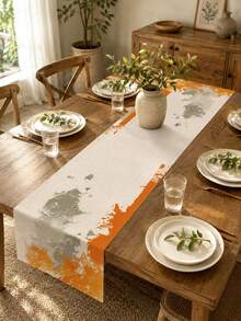1PC Orange Gray Abstract Linen Table Runner, Modern Minimalist Brushstroke Print Table Runner, Farmhouse Rectangular Dining Table Centerpiece Decor For Kitchen Dining Room Coffee Table Wedding Party Holiday Home Decoration - Multicolor - View 1
