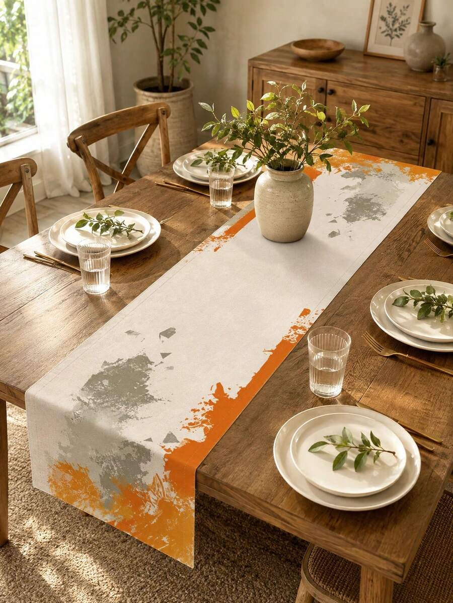 1PC Orange Gray Abstract Linen Table Runner, Modern Minimalist Brushstroke Print Table Runner, Farmhouse Rectangular Dining Table Centerpiece Decor For Kitchen Dining Room Coffee Table Wedding Party Holiday Home Decoration - Multicolor - View 1