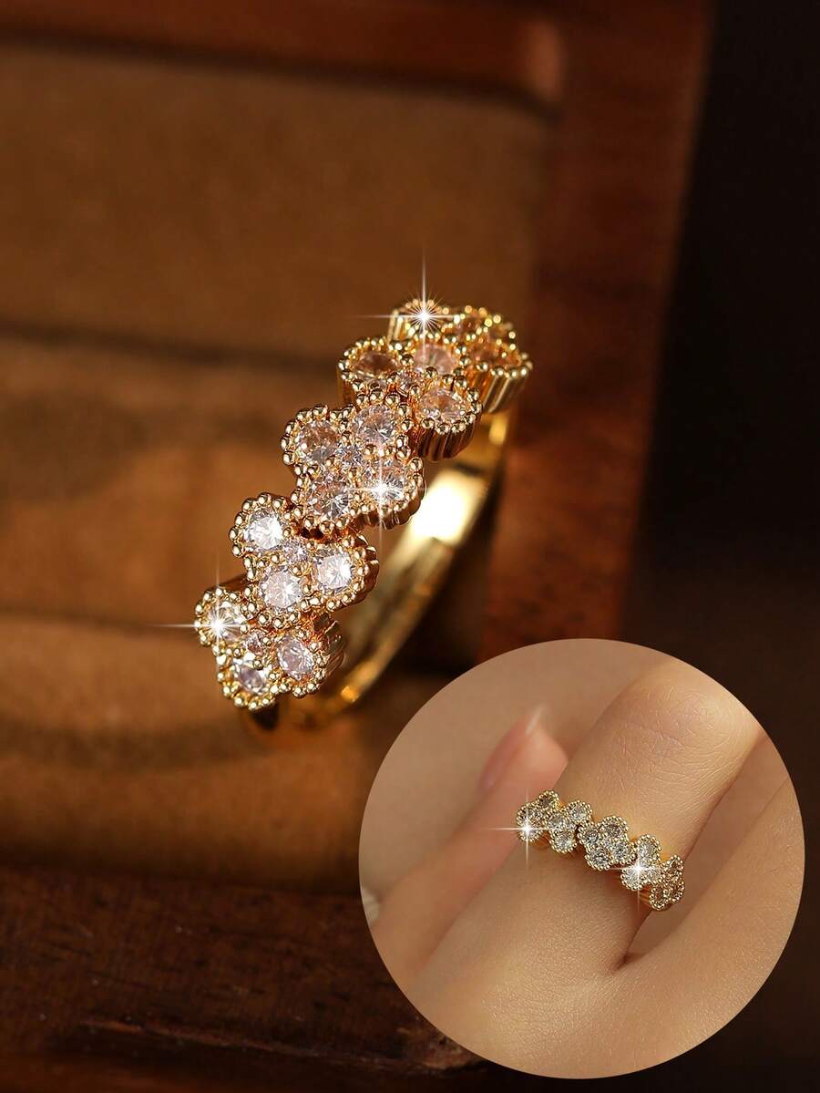 1 pieza Anillo versátil de trébol de cuatro hojas para mujer, anillo de compromiso creativo con circonita cúbica para uso diario, citas y regalo, joyería de cobre - Trébol de cuatro hojas - Ver 1