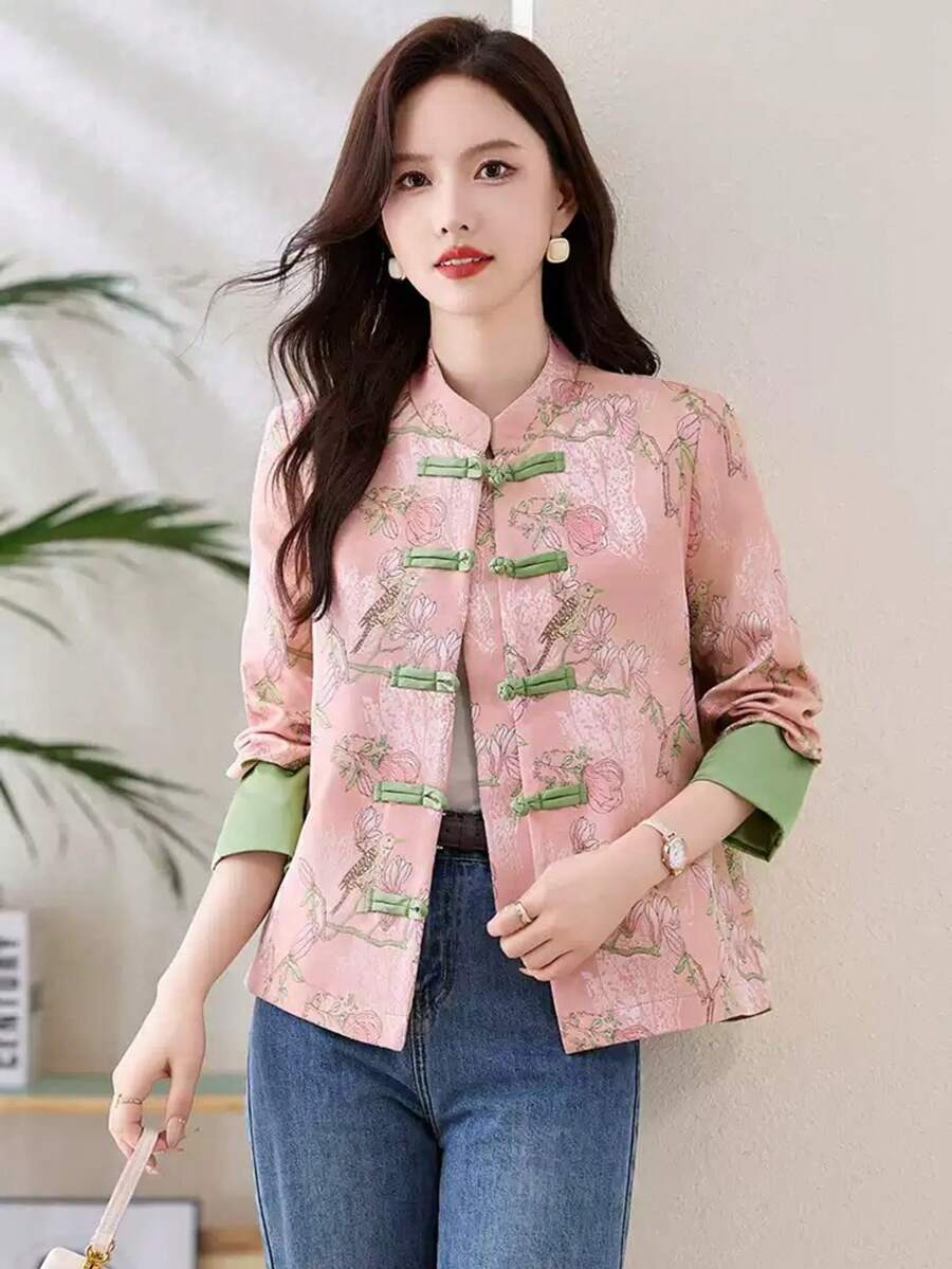 女士新款中国风印花纽扣外套,立领撞色袖口休闲外套 - 彩色 - 查看 1
