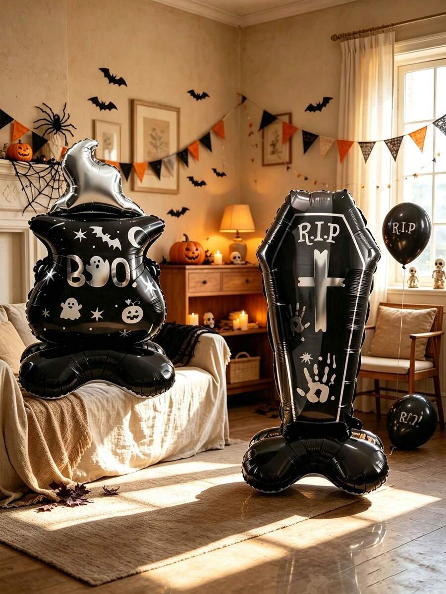 1‑2 Pieces Halloween Balloon Set, Featuring Ghost Cauldron And Coffin Base Balloons. Perfect As Surprise Gifts For Kids Who Love Spooky Styles And For Creating Dark‑Themed Halloween Parties. - View 1