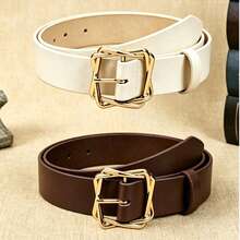 APLCSEY 2pcs Women's Black PU Leather Belts, Fashionable Casual Street Style Waist Belts Suitable For Daily Wear - Brown + White - View 5