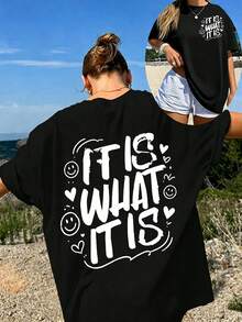 Casual Oversized Round Neck Drop-Shoulder T-Shirt By Mme Xia, Plus Size, Comfortable And Slightly Elastic. - 黑1 - 查看 11