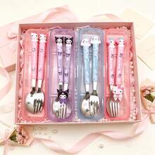 SANRIO 2Pcs Kawaii Character Dinner Utensils, Stainless Steel Spoon And Fork Set With Carry Case, Lovely Portable Tableware For School Picnic - Multicolor - View 3