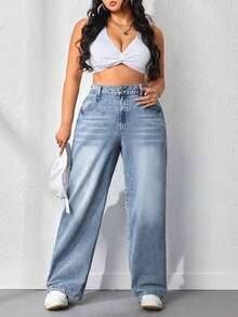Plus Size Women's Wide Leg Straight Denim Jeans, Solid Color Washed Denim, Plus Size Wide Leg Straight Jeans, Holiday Daily All Seasons - Light Color - View 3