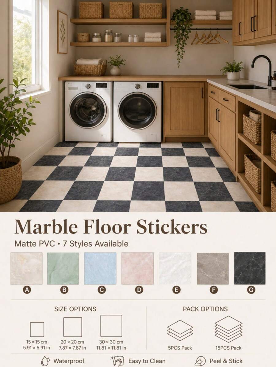 SUPSTICKER Marble Pattern Floor Tile Stickers, Matte PVC, Peel And Stick, 5 Or 15pcs, 15/20/30cm, For Kitchen, Bathroom And Entryway - Marble Pattern - View 1