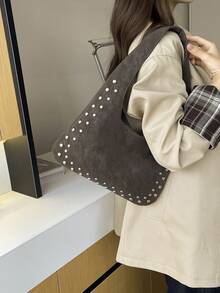 2026 Autumn Fashion New Personalized Rivet Motorcycle Style Large Capacity European & American Vintage Shoulder Underarm Bag - Coffee - View 7