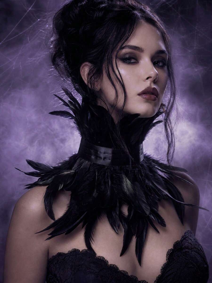 1pc Black Feather Bow Gothic Choker, Halloween Women Witch Vampire Costume Accessory, Masquerade Neck Decor - Black - View 1