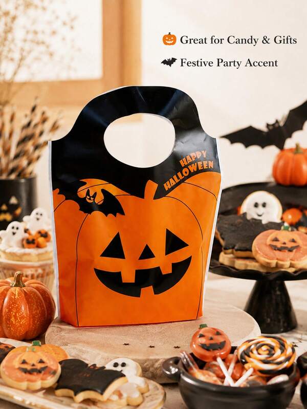50 buah Tas Hadiah Halloween Oranye Lucu dengan Pegangan, Tas Permen Jack O Lantern untuk Pesta Trick or Treat