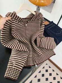 Women's Color-Block Striped Hooded Zip-Up Long-Sleeve Knit Cardigan,Autumn/Winter Preppy-Style Casual Commuter Sweater,Back-To-School Top,Street Wear - Coffee Brown - View 4
