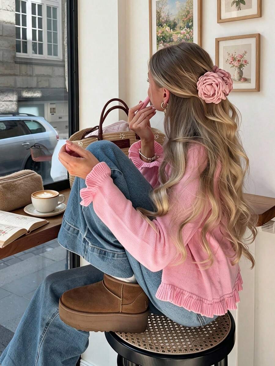 Senya Chic Pink Long Sleeve Knit Cardigan, Button-Up, Ruffle Trim Soft Sweater Top, Casual Autumn/Winter Outwear Fall - Pink - View 1