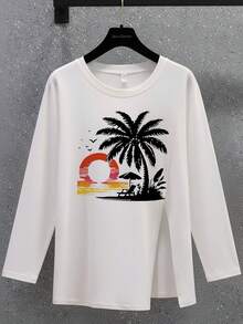 Women's Vintage Gradient Sunset Island Coconut Scene Print Long Sleeve T-Shirt, Loose Drop Shoulder Comfortable Casual Commute Base Layer - White - View 4