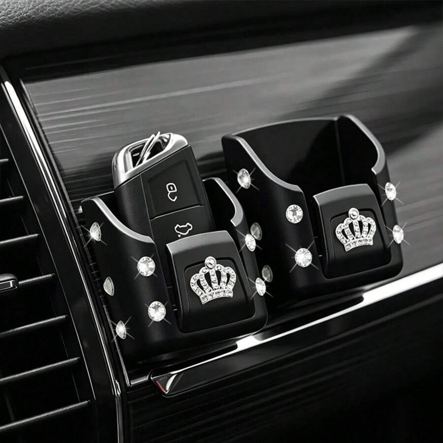 2pcs Women Car Accessories Shiny Crown Pattern - Car Key Storage Box, Car Card Holder, Car Dashboard Center Console Organizer, Car Interior Decoration