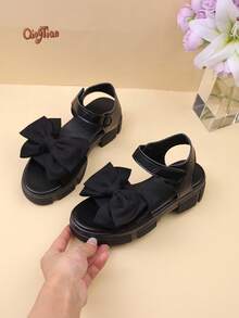 1 Pair Black Girls' Spring/Summer Thick Sole Casual Sandals + Large Bow Decor Hook & Loop Design Versatile Open Toe Sandals For Outdoor / Vacation 2026 New Style - Black - View 7