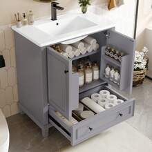 Bathroom Vanity Made Of Wood With Storage Adjustable With Drawers Black - 灰色 - 查看 7