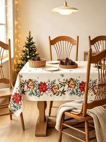MineLain 1pc Merry Christmas Rectangular Tablecloth, Cream Color, Dining Table Cloth, Christmas Bells And Red Flowers, Poinsettia, Dining Table, Coffee Table Cloth, Home Decor, Holiday Party Tablecloth, Suitable For Home Kitchen Dining Room, Dinner, Gathering, Party, Birthday, Holiday, New Year Theme Event Decoration, Christmas Decoration, Winter Decoration - Multicolor - View 5