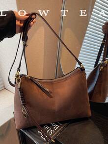 low tea 1pc Minimalist Crescent-Shaped Suede Fabric Shoulder Bag, Suitable For Commuting, Shopping And More - Coffee - View 6
