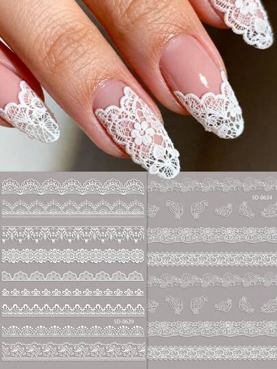 2pcs White Embossed Lace Rose Nail Art Stickers Sweet Pure Lace Relief Self Adhesive Nail Decals Wedding Bride Hollow Rose Lace Nail Decoeation