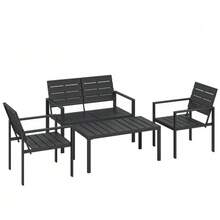 Garden Furniture Set 4-Person Lounge With 2-Seater Sofa, 2 Armchairs, Side Table, Slatted Design, Black - 黑色 - 查看 1