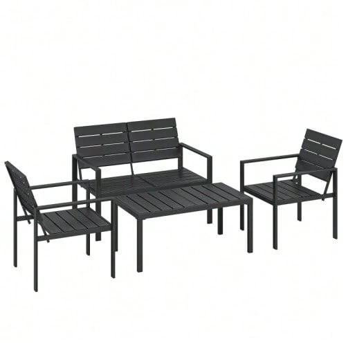 Garden Furniture Set 4-Person Lounge With 2-Seater Sofa, 2 Armchairs, Side Table, Slatted Design, Black - 黑色 - 查看 1