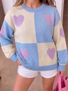 1 buah Sweater Rajut Motif Macaron Manis untuk Anak Perempuan, Model Retro Y2K Bergaya Hati Ungu, Atasan Lengan Panjang Kasual dan Serbaguna yang Lucu, Cocok untuk Remaja Perempuan, Sweater Rajut Lembut Ramah Kulit dengan Desain Blok Warna Papan Catur, Model Pakaian Anak Perempuan yang Populer - Biru - View 3