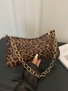 1pc Leopard Print Gold Chain Decor Shoulder Underarm Baguette Bag - Mocha Brown - View 6