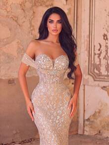 Haute Glamour Women's Luxury Sequin & Beaded Mermaid Evening Gown With Off-Shoulder Ruffles, Figure-Hugging Fit & Fishtail Hem For Weddings - Champagne - View 4