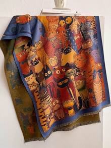 1pc Autumn/Winter New Youthful Cartoon Cat Pattern Faux Cashmere Jacquard Scarf For Women, Cute Soft Tassel Shawl, Warm Windproof Neck Warmer, Soft Skin-Friendly, Suitable For Holiday Gift Matching - Royal Blue - View 19