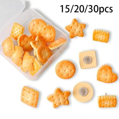15/20/30pcs Cookie Shaped Push Pins, Cute Cookie Bulletin Board Decoration Push Pins, Cork Board Push Pins, Office Decoration Cute Push Pins, Suitable For Office And Home Decor, Office Supplies, Random Styles