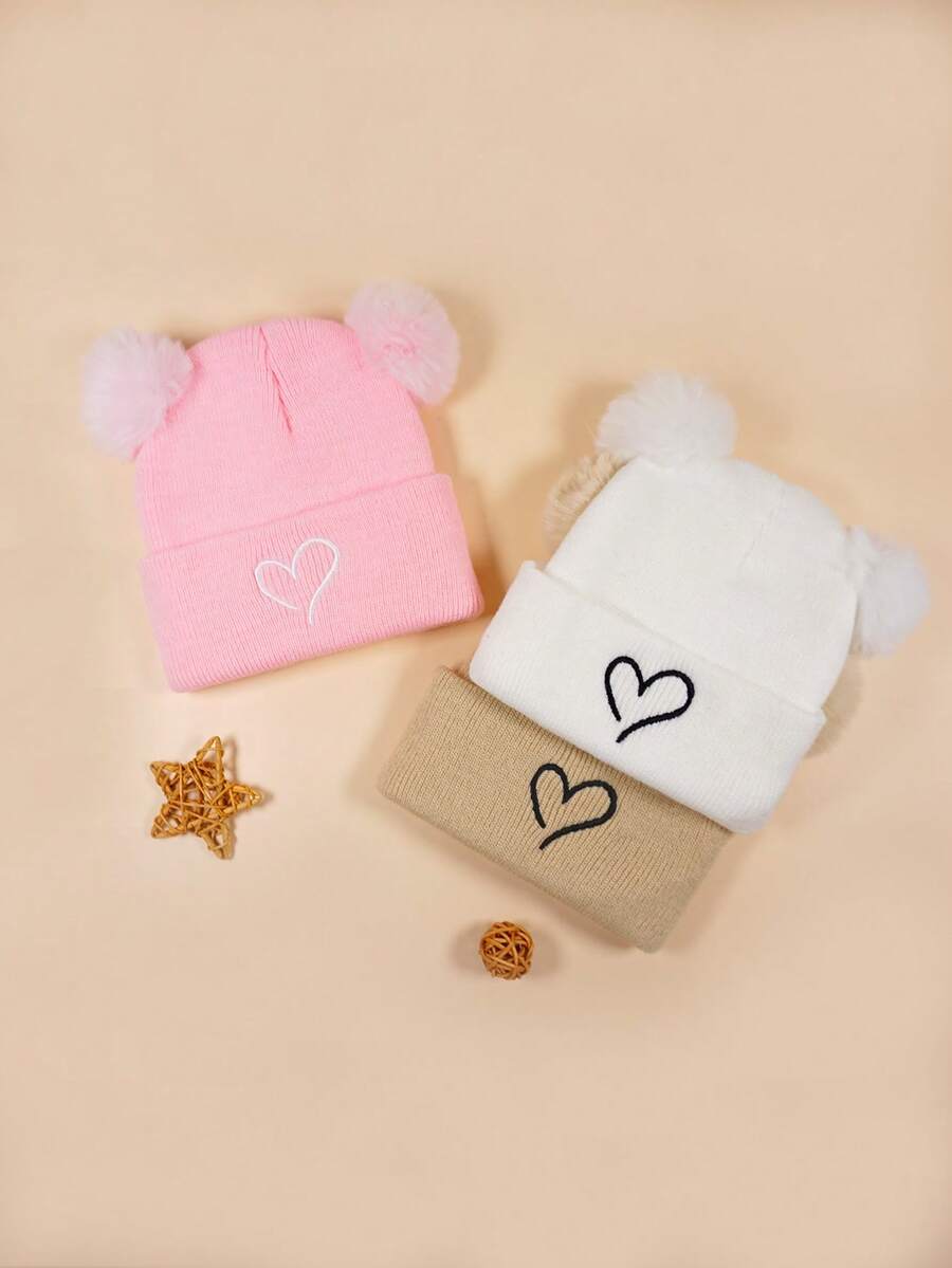 3pcs/Set Fashion Heart Pattern Knit Hats, Heart Theme Design, Suitable For Boys And Girls, Ideal For Daily Warmth And Outdoor Use - Multicolor - View 1