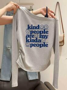 Korean Style Minimalist English Slogan Print Off-Shoulder Top For Women, Ruched Waist, Sexy Style, Asymmetrical Neck Long Sleeve Base Layer T-Shirt - Light Grey - View 1