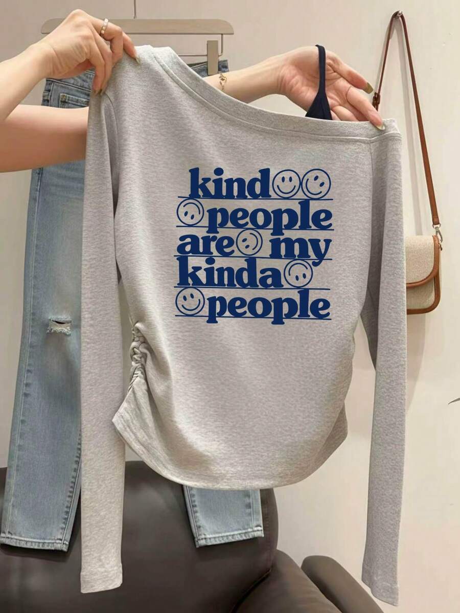Korean Style Minimalist English Slogan Print Off-Shoulder Top For Women, Ruched Waist, Sexy Style, Asymmetrical Neck Long Sleeve Base Layer T-Shirt - Light Grey - View 1