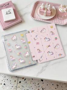 1件粉色獨角獸星星平板保護殼，相容 iPad Mini6/7/Air/Air2/9.7/10.2/10.5/10.9 (Air4-Air8)/Pro 11/10th Gen/A16/Pro 11 2024，雙面彩繪圖案，透明壓克力背殼，絲綢質感 8 折支架，自動休眠/喚醒，內建筆槽，不含筆，部分機型附相機框 - 彩色 - 查看 4