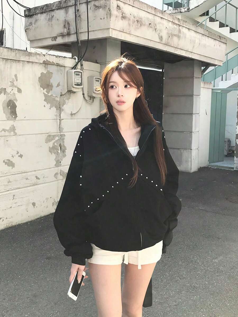 Y2K Hot Girl Style Rivet Decor Hooded Zip-Up Sweatshirt Jacket Loose Street Cool Personalized Pocket Casual Versatile Autumn/Winter Women's Top - Black - View 1
